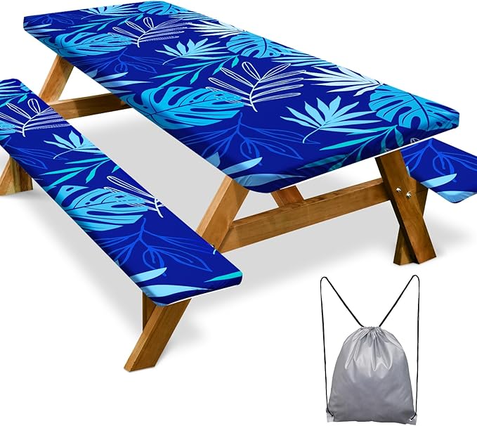 Picnic Table Cover with Bench Covers Camping Essentials Waterproof Windproof Camping Tablecloth with Drawstring Bag, Fitted Rectangle Tables and Seats, 72in, Navy Blue