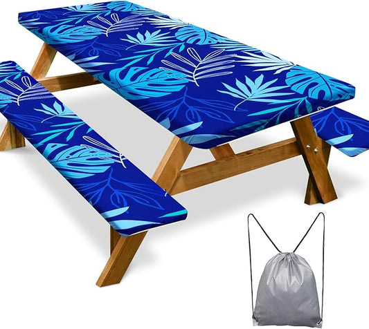 Picnic Table Cover with Bench Covers Camping Essentials Waterproof Windproof Camping Tablecloth with Drawstring Bag, Fitted Rectangle Tables and Seats, 72in, Navy Blue