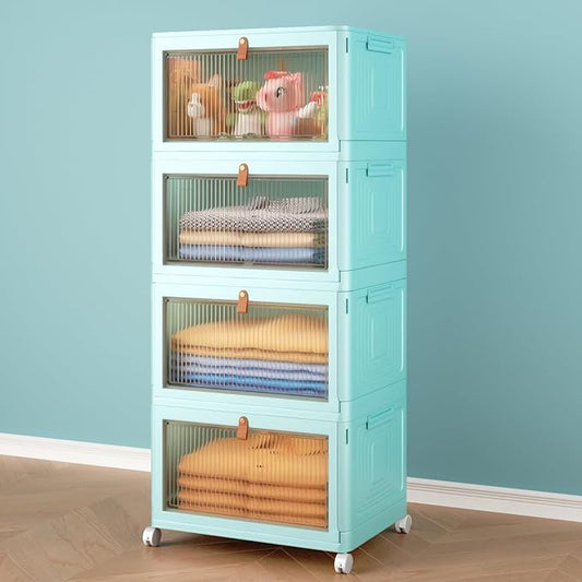 4 Tier Stackable Plastic Storage Bins with Lid and Wheels - 23 QT Closet Organizers and Storage, Foldable Storage Containers, Organization and Storage Boxes for Craft, Home, Pantry, Dorm,Green