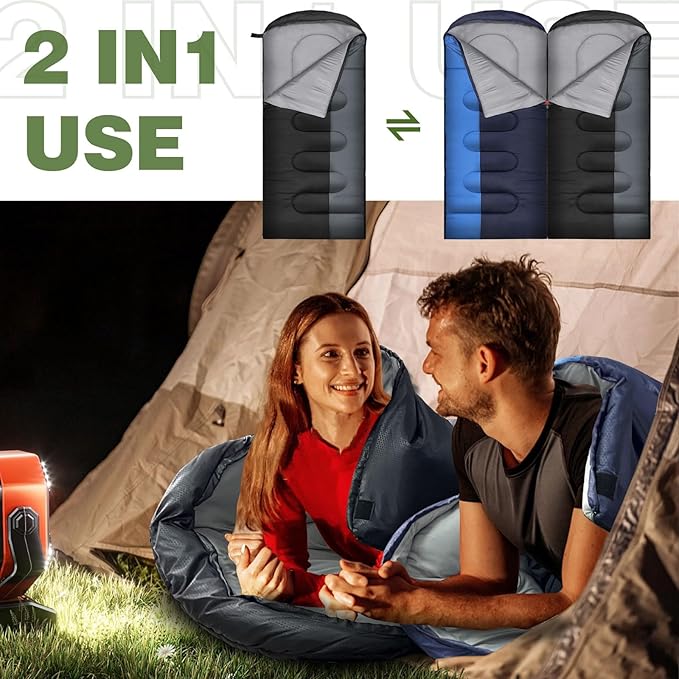 XL 10 Degree Sleeping Bags Waterproof for Adults 350GSM Machine Washable with Compression Sack for 3-4 Season Camping Outdoor