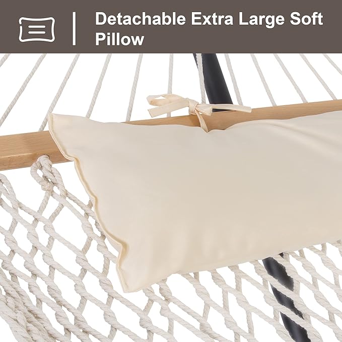 SUNCREAT Double Outdoor Hammock with Stand Included, Portable Cotton Rope 2 Person Hammock for Outdoor, Patio, Garden, Backyard, Beige