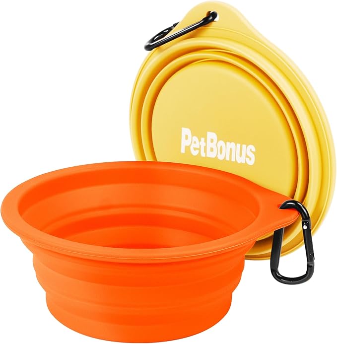 PetBonus 2-Pack Large Silicone Collapsible Dog Bowls, 34oz/1000ml BPA Free Portable Foldable Travel Bowl for Pet Cat, Food Water Feeding Dish for Camping with 2 Carabiners (Orange, Yellow)