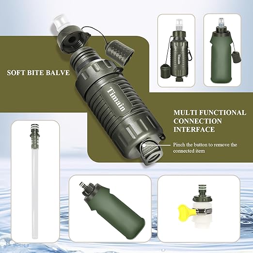 Timain Portable Personal Water Filter Straw Water Filter Survival Gear for Emergency Preparedness, Outdoor Activities, Travel, Camping, Hiking, Fishing, Hunting (Green)
