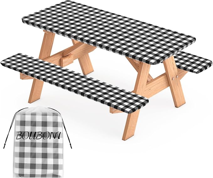 3 Pcs Set Fitted Picnic Table Cover with Bench Covers Vinyl Camping Table Cloth Flannel Backing Picnic Table Cloth for 6ft Tables Camping Outdoor (Black Checked, 30 x 72 Inches)