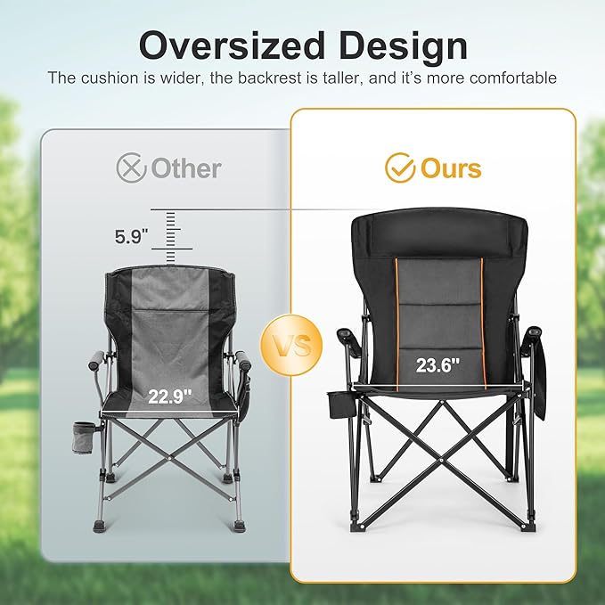LET'S CAMP Oversized Camping Chairs 29.52" High Back Heavy Duty Lawn Chair Support 500LBS, Portable Collapsible Chair with Cup Holder, Side Pocket,2 Pack(Black)