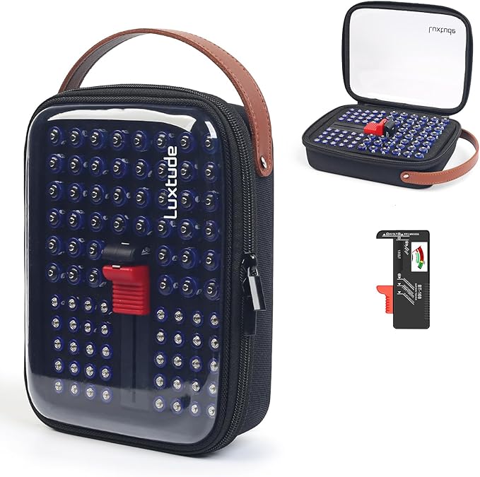 Luxtude Battery Storage Organizer, Clear Battery Organizer Storage Case with Tester,Batteries Holder Organizers for 90 PCS, Batteries Case Organizers Holds 50 AA & 40 AAA, Camping Accessories(Black)