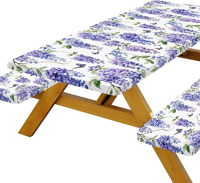 Picnic Table Cover with Bench Covers, Purple Wisteria Flower Pattern Elastic Edges, Waterproof Windproof Fitted Tablecloth, for Outdoor Camping Patio Garden, Includes Drawstring Bag, 60 in