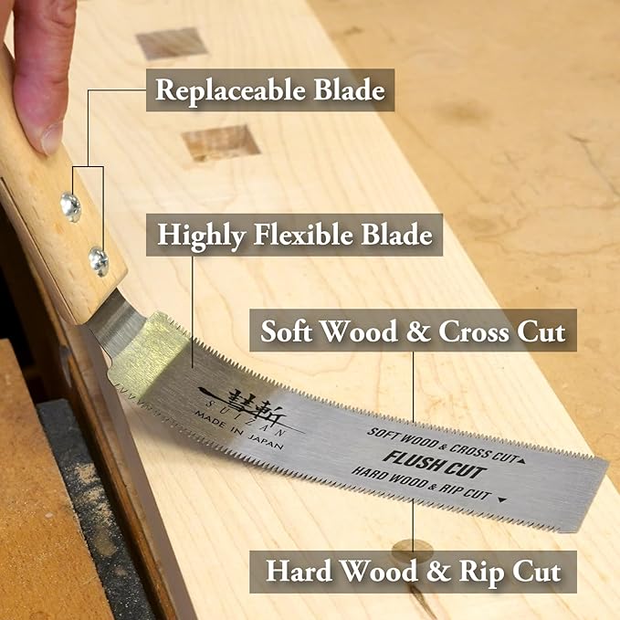SUIZAN Flush Cut Saw 6" - Professional Japanese Pullsaw Ryoba Double Edge Handsaw Woodworking Tools