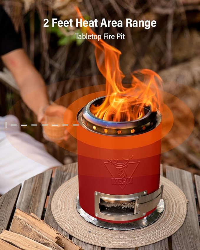 YEFU Tabletop Fire Pit 9.7 x 7.1 in, Flame Intensity Control Camping Stove for Outdoor & Patio, Fueled by Pellets or Wood, Safe Burning Table Top Firepit, with Travel Bag & 2 Mini Sticks, Red