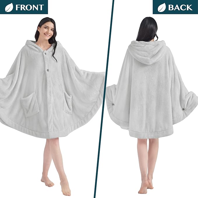 PAVILIA Angel Wrap Hooded Blanket Poncho, Wearable Blanket Throw Wrap Poncho for Women Adult, Cozy Fluffy Sherpa Fleece Shawl Cape with Hood pockets, Warm Gift for Mom Wife, Light Gray