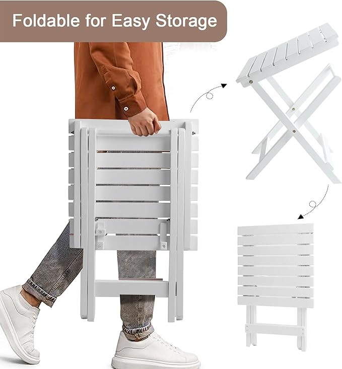 Outdoor Patio Side Table Small Wood End Square Table Folding Coffee Furniture for Living Room, Bedroom, Plant Stand, Camping Portable White
