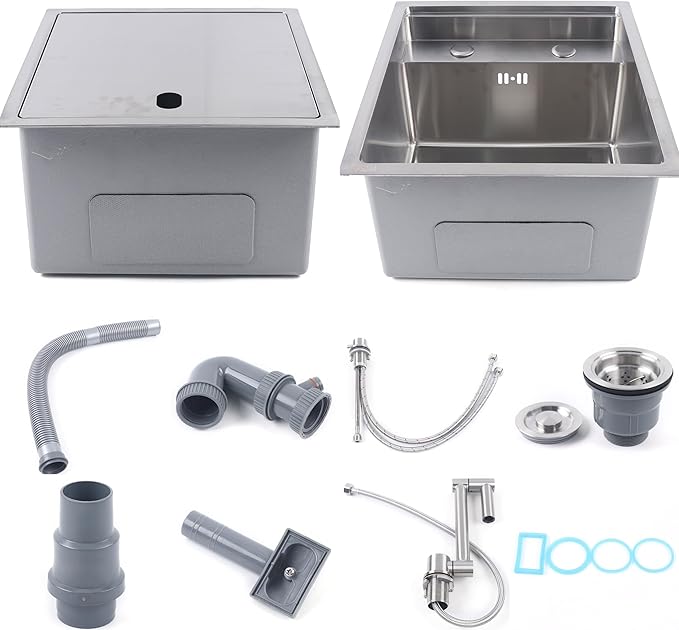 15-inch Hidden RV Bar Kitchen Sink with Folding Faucet, Cover, Drain Pipe and Strainer Full Set, Small Stainless Steel Sink for Workstation, RV, Prep Kitchen and Bar(Silver)