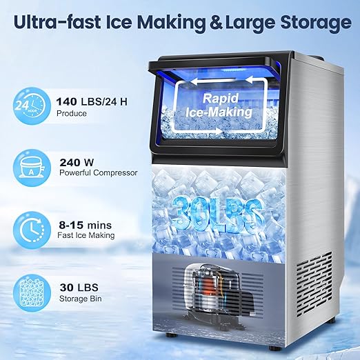 Commercial Ice Maker Machine 140LBS/24H, Dual Water Inlet Options, Freestanding Under Counter Ice Maker Smart LCD, Self-Cleaning, Quiet for Home, Bar, Restaurant, Support 5-Gallon Bottle Water