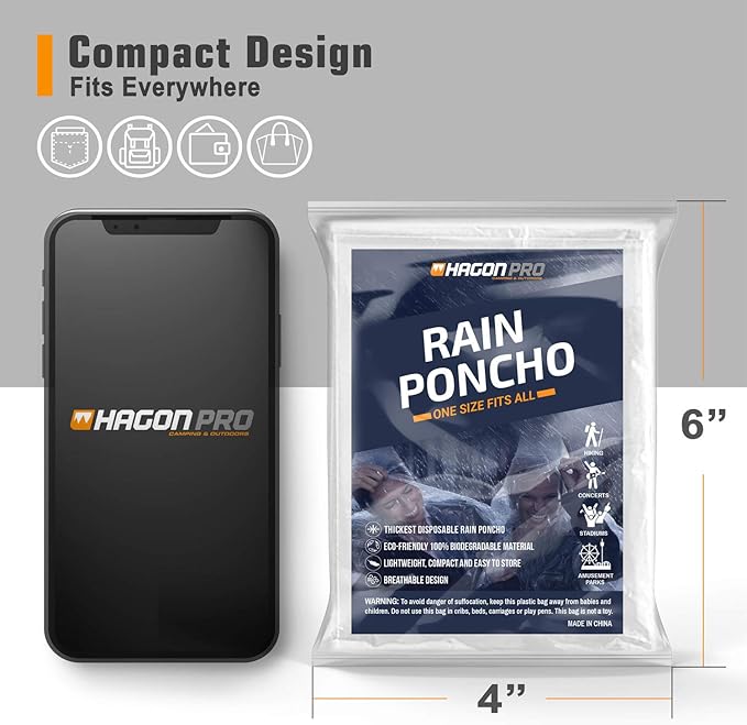 Hagon PRO Disposable Rain Ponchos for Adults (5 Pack)