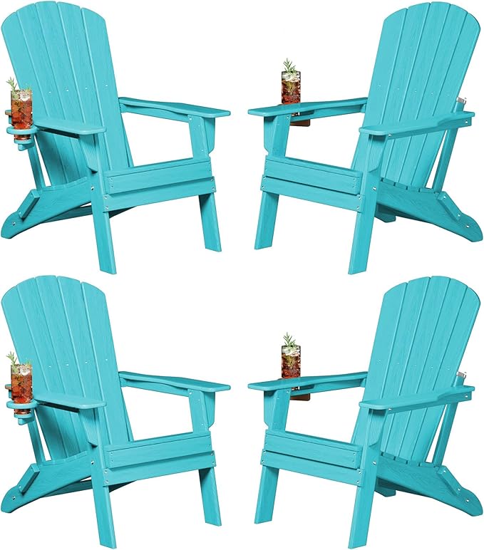 Folding Adirondack Chair, SGS Tested, Wooden Textured with Cup Holder, Heavy All-Weather HDPE Comfortable Set Poolside Backyard Lawn Aruba Blue Set 4