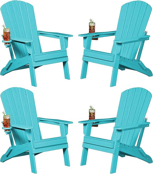 Folding Adirondack Chair, SGS Tested, Wooden Textured with Cup Holder, Heavy All-Weather HDPE Comfortable Set Poolside Backyard Lawn Aruba Blue Set 4