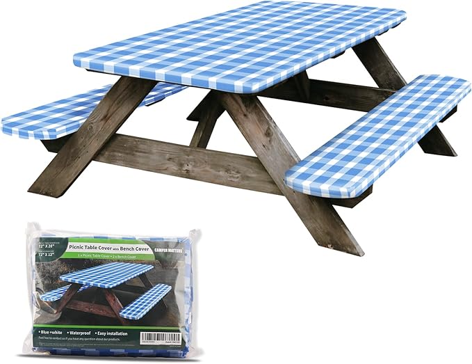 Picnic Table Cover with Bench Covers, Wind Resistance, Water and Oil Proof, Strong Resistance to Fading, for Outdoor and Camping, 72"x 28" Table, 3 Pieces Set, Come with Reusable Plastic Bag