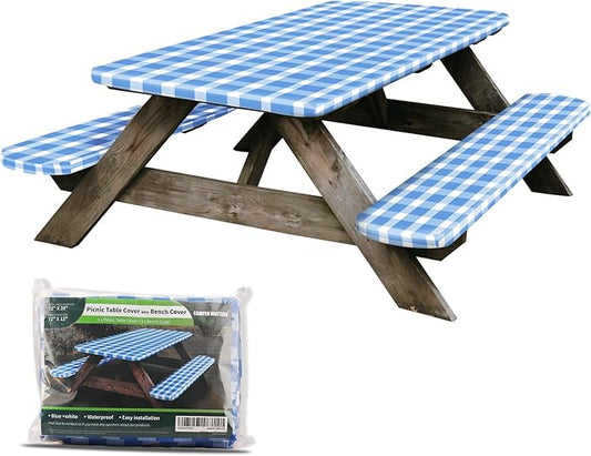Picnic Table Cover with Bench Covers, Wind Resistance, Water and Oil Proof, Strong Resistance to Fading, for Outdoor and Camping, 72"x 28" Table, 3 Pieces Set, Come with Reusable Plastic Bag