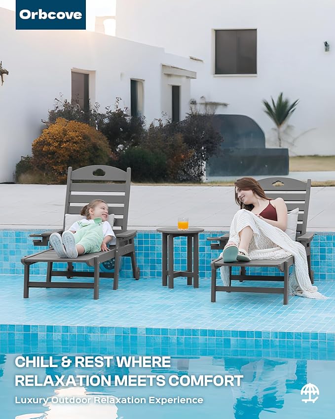 Oversized Chaise Lounge Chair Outdoor with Wheels & Cup Holder, 6-Position Adjustable HDPE Patio Lounge Chair for Poolside, Garden, Deck & Lawn (Grey, 2-Piece)