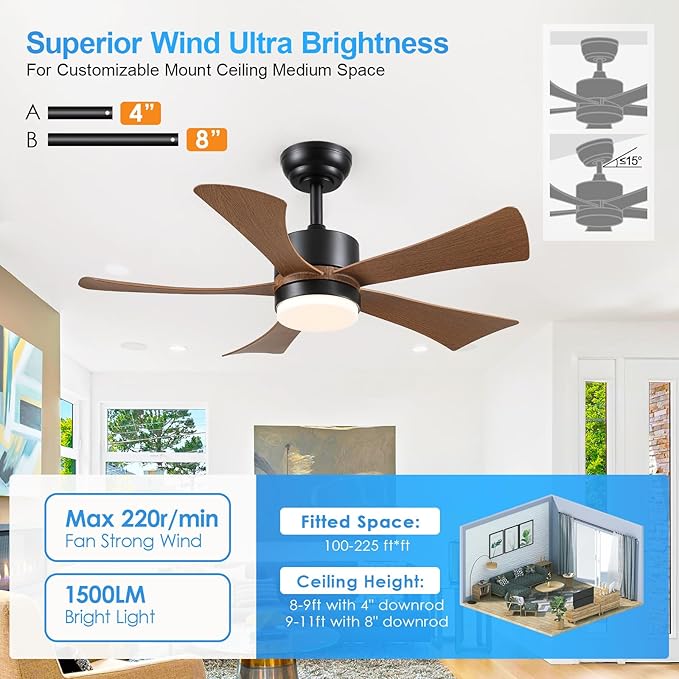 42 inch Ceiling Fans with Lights, Modern Ceiling Fan with Remote Control App, DC Motor Quiet, 3CCT Dimmable Memory, Led Sloped Flat Ceiling Fan with Light for Bedroom Indoor&Outdoor Patio Wood Brown