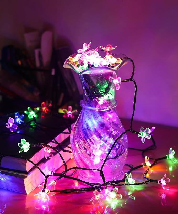 Pastel Flower String Lights Indoor Decorations, 33ft 100 LED USB Plug in Aesthetic Cherry Blossom Floral Lamp for Christmas Tree Vines Wall Ceiling Spring Garden Hanging Decor, Multicolored