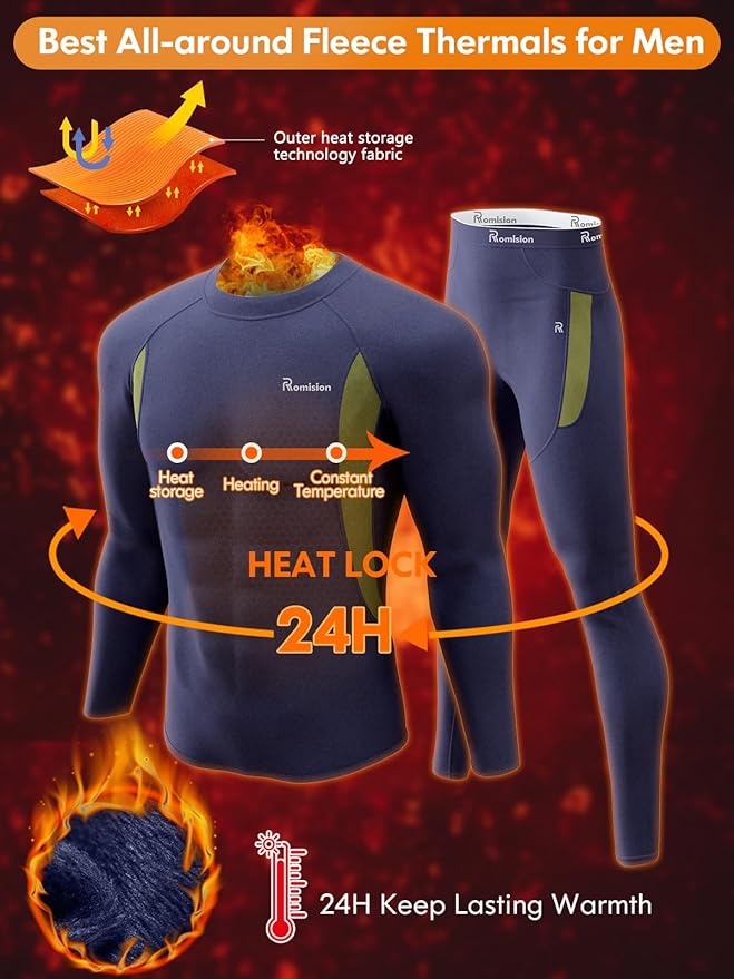 romision Thermal Underwear for Men Long Johns Fleece Lined Hunting Gear Bottom Top Set Base Layer for Cold Weather Gift