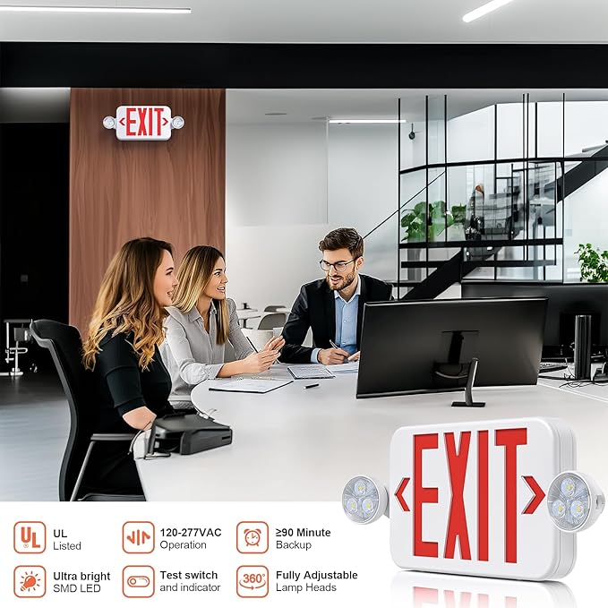 Led Exit Sign Emergency Light Combo Adjustable Two Head,Double Sided and Battery Backup Exit Light,Red Letter Hardwired Emergency Exit Sign,AC 120/277V,UL Listed,Ceiling&Wall Mount (1 Pack)