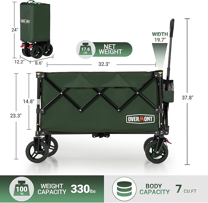 Overmont Ultra-Compact Collapsible Wagon Cart - 200L Portable Folding Wagon with All-Terrain Wheels Utility for Beach, Grocery Shopping, Camping, and Gardening – 330lbs Load Capacity Green