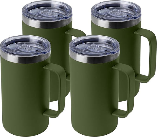 DOMICARE 24oz Mug with Handle and Lid, Stainless Steel Coffee Mug, Travel Mug with Handle, Double Wall Vacuum Coffee Tumbler, Reusable Insulated Cup, Army Green, Pack 4
