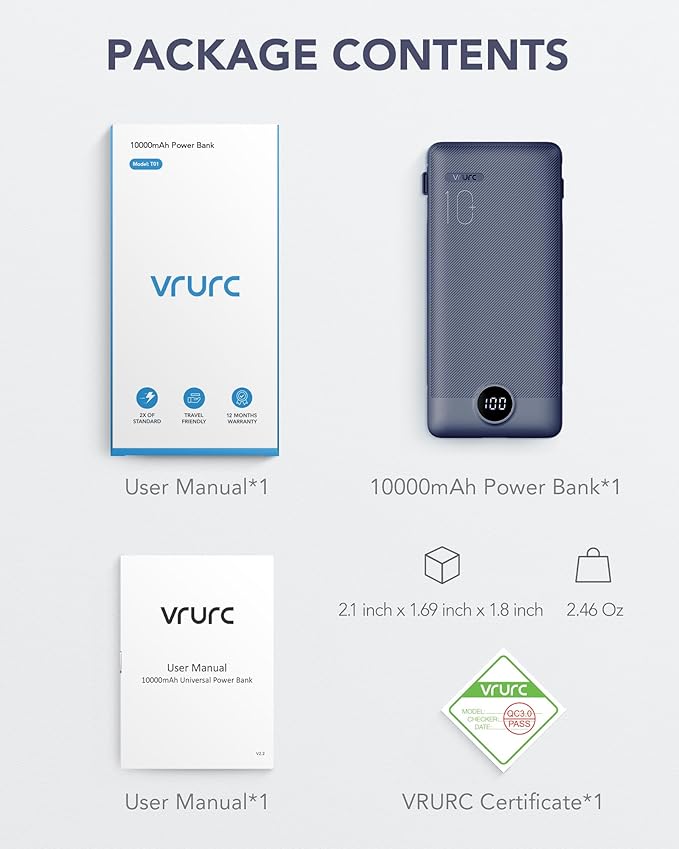VRURC Portable Charger Built-in Cables and AC Wall Plug, USB C Power Bank 10000mAh, Travel Battery Portable Phone Charger Compact Lightweight External Battery Pack for Smart Phones, Tablets etc-Navy
