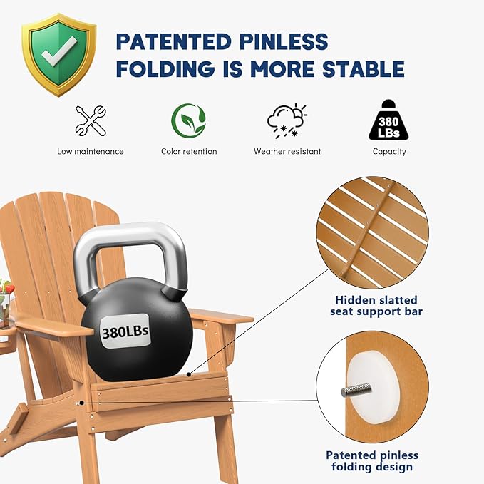 Folding Adirondack Chair, SGS Tested, Wooden Textured with Cup Holder, Heavy All-Weather HDPE Comfortable Set Poolside Backyard Lawn Teak