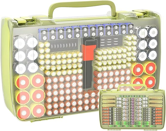 Battery Organizer Storage Holder Box Case with Tester- 269 Batteries Double-Sided Variety Pack, Holds AA AAA 4A C D Cell 9V 3V Lithium LR44 CR2 CR123 CR1632 18650 Button- Green (Box Only)