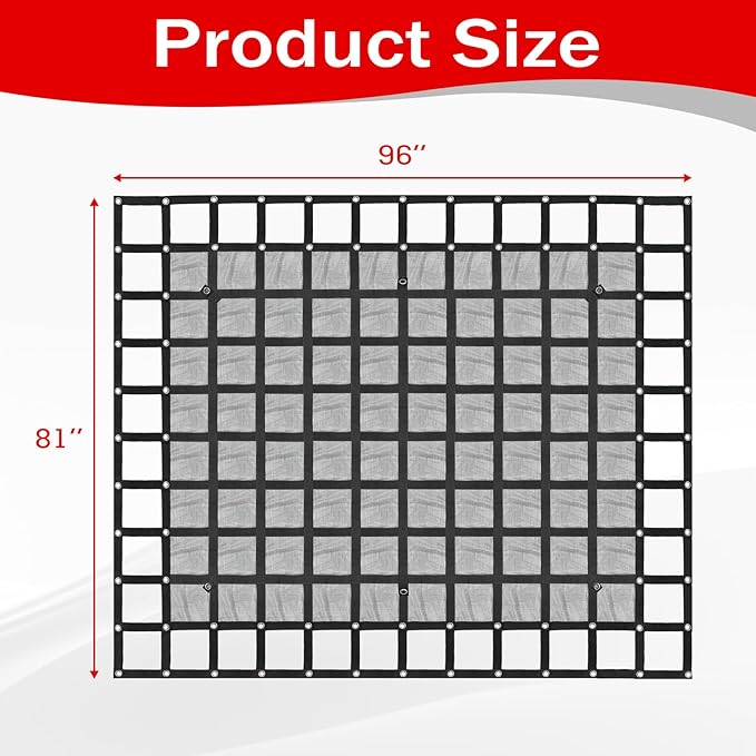 Heavy Duty 81" x 96" Truck Bed Cargo Net with Adjustable Cam Buckles & S-Hooks & Cross Strap,6.75' x 8' Cargo Net with 1500LBS Capacity for Pickup Truck Bed Trailer SUV Jeeps