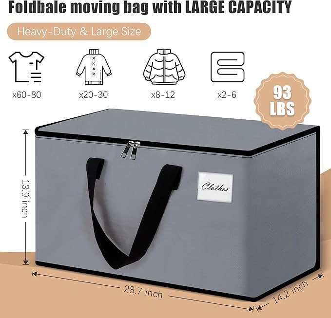 Heavy Duty Moving Bags - Extra Large Packing Bags and Storage Totes, Collapsible and Foldable Option for Moving and Storage, Grey, 93 L - 18 Pack