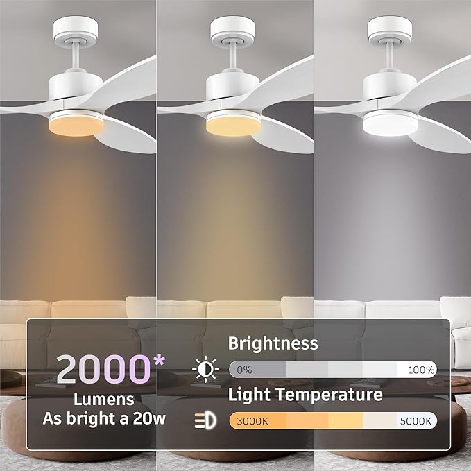 52" Smart Wood Ceiling Fans with light and Remote,Dimmable LED Light,Quiet DC Motor,Control with Alexa Google Voice App,Outdoor Indoor Modern Ceiling Fan for Bedroom Patio,White
