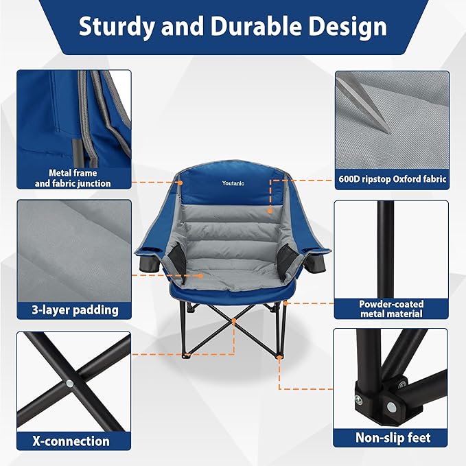 Oversized Camping Chair, Portable Folding Camping Chairs with Side Pocket, Cup Holder and Carry Bag, Heavy Duty Outdoor Camping Chairs for Adults, Fishing, Sports, Trip, up to 400lbs, Style 6