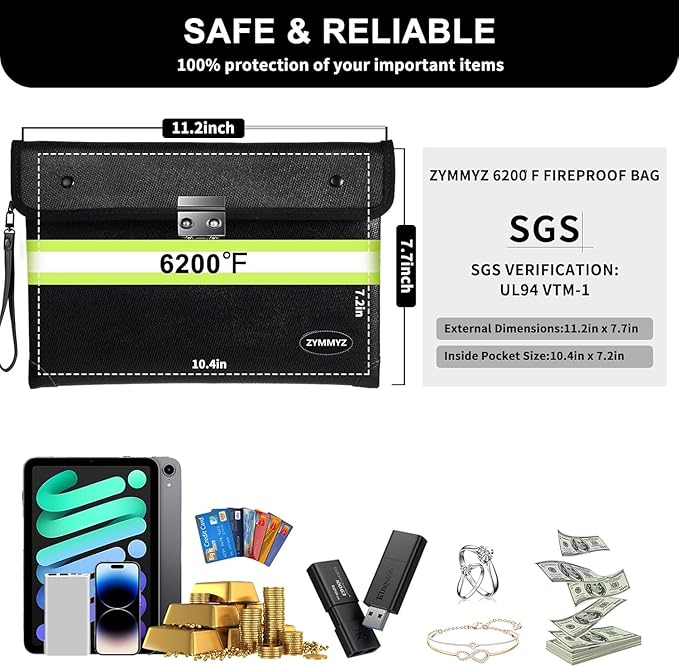 Upgraded Insulated FireProof Money Bag with lock for Cash,6200℉ Fireproof&Waterproof Document Pouch with Water Resistant Zipper Envelopes for Important Documents,Valuables（Not Suitable for A4 Files）