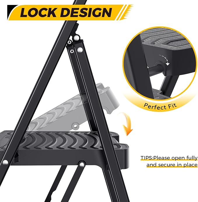 KINGRACK 4 Step Ladder 800lb Capacity, Folding Step Stool with Wide Anti-Slip Pedal & Safety Handrails, Lightweight Steel Ladder for Kitchen, Pantry, Office, Black