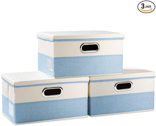 PRANDOM Collapsible Storage Bin with Lid [3-Pack] Fabric Foldable Storage Box Organizer Container Basket Cube with Cover for Home Bedroom Closet Office Nursery Blue&Cream(14.9x9.8x9.8)