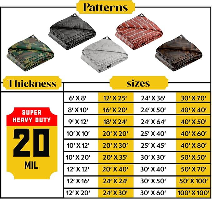 Core Tarps Extreme Heavy Duty 20 Mil Tarp Cover, Waterproof, UV Resistant, Rip and Tear Proof, Poly Tarpaulin with Reinforced Edges for Roof, Camping, Patio, Pool, Boat (Bricks/Black 20′ X 20′)