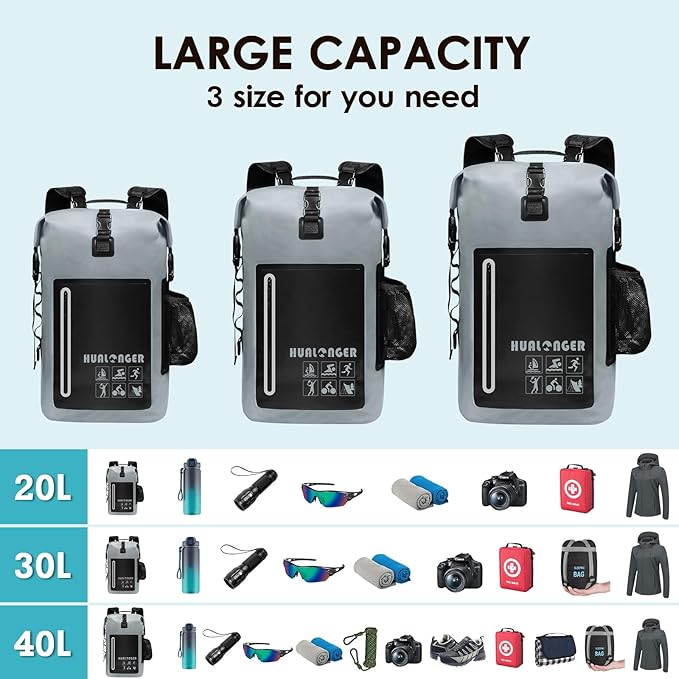 Dry Bag Backpack 20L/30L/40L- Roll Top Closure Bag - Heavy Duty Dry Bags Waterproof - Lightweight Durable Floating Dry Bag with IPX8 Waterproof Phone Case