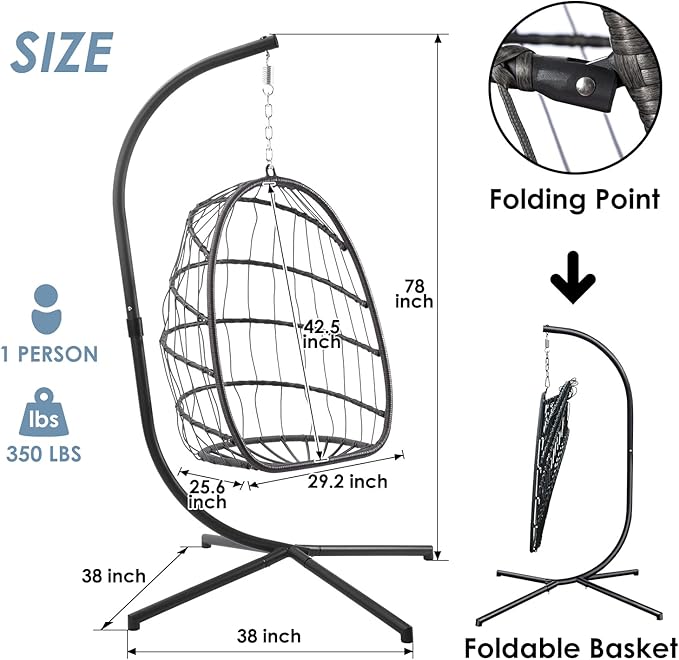 Yechen Indoor Outdoor Egg Hanging Chair with Stand, Patio Wicker Swing Egg Chair Indoor Swinging Chair Outdoor Hammock Egg Chair 350lbs Capacity for Patio Bedroom Balcony, Charcoal Grey (EG-001)