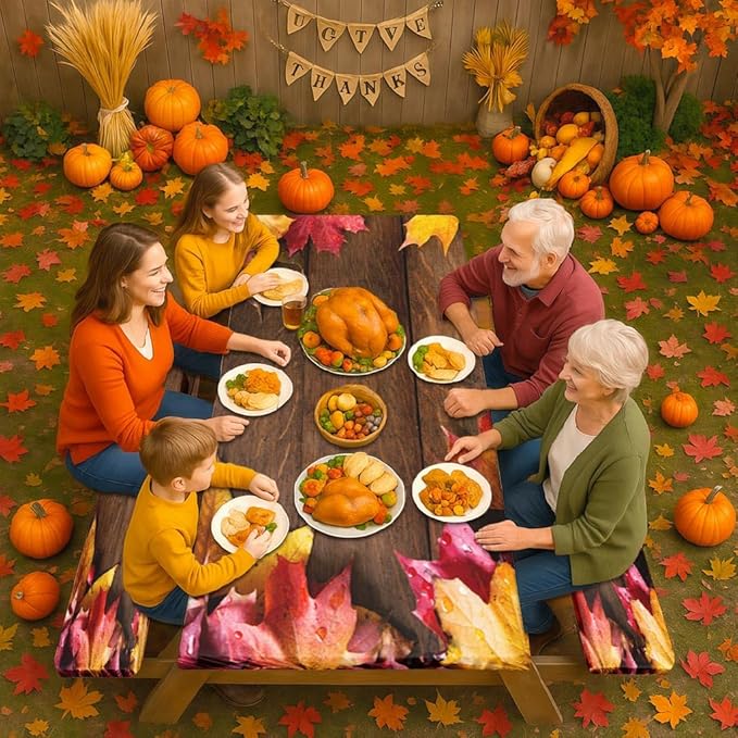 Picnic Table Cover with Bench Covers Elastic Edges, Maple Fall Fitted Table Cover, Outdoor Patio Camping Essentials 72 Inch 3PCS, Waterproof Camping Fitted Tablecloth with Drawstring Bag