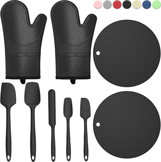Oven Mitts with Heat-Resistant Hot Pads and Five Silicone Spatulas Designed for Kitchen Baking Cooking, Oven Glove Soft Cotton Lining, Waterproof, BPA-Free (New-Black, 12.6)