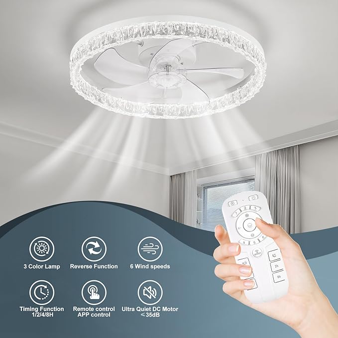 Low Profile Ceiling Fans with Lights and Remote, Fandelier Ceiling Fan Flush Mount, 3000K-6500K Smart 5 Fan Blades LED Fan Light, Modern Ceiling Fans with Lights for Bedroom