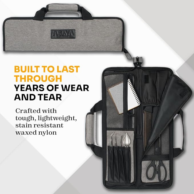 Asaya Chef Knife Roll Bag - 12 Pockets for Knives and Kitchen Utensils - Lightweight, Durable, and Stain Resistant Nylon - Perfect for the Traveling Chef - Knives not Included