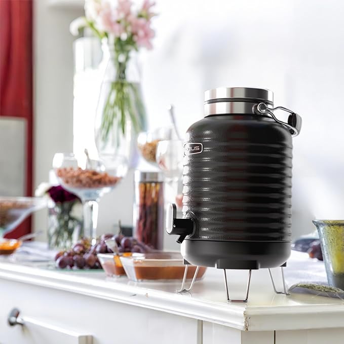 IDEUS Insulated Beverage Dispenser 5.2L, All-in-one for Camping Vacuum Double-Wall Stainless Steel Water Cooler Coffee Carafe Jug Leakproof Drink Container with Handle, Spigot & Stand (Black)