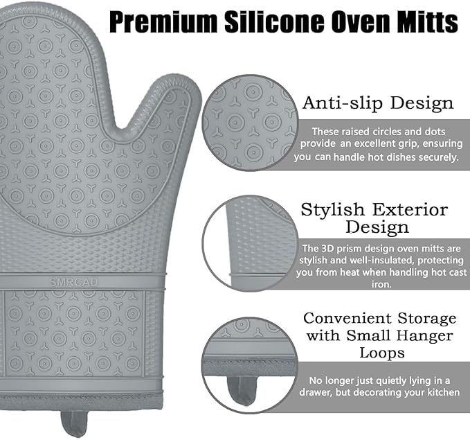 Oven Mitts with Heat-Resistant Hot Pads and Five Silicone Spatulas Designed for Kitchen Baking Cooking, Oven Glove Soft Cotton Lining, Waterproof, BPA-Free (GRYE, 12.6)