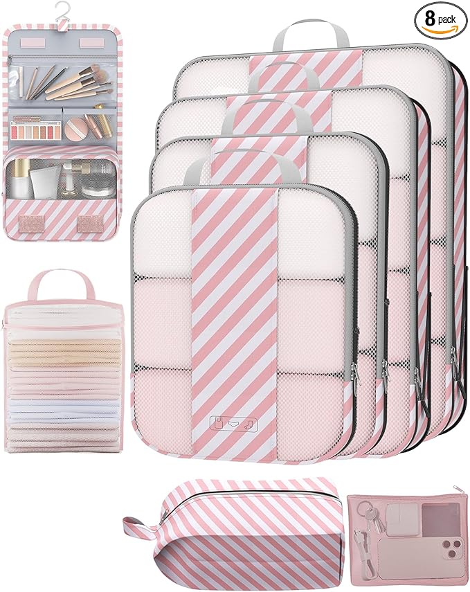 8 Set Compression Packing Cubes for Travel Essentials,Compressible Expandable Packing Cubes for Suitcase,OlarHike Luggage Organizer Bags for Travel,Handy Helper for Organizing Clothes(Pink Stripped)