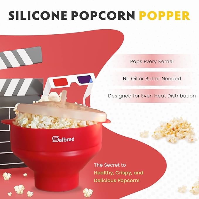 The Original Salbree Collapsible Silicone Microwave Popcorn Popper Maker Machine, Microwavable Bowl Holds 16 Cups, Uses Hot Air and Oil Always Optional - The Most Colors Available (Orange)